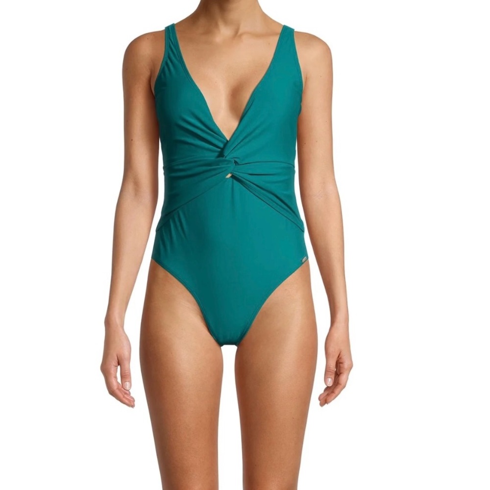 Nicole Miller Twist Front V neck One Piece Swimsuit Teal NWT Sz S